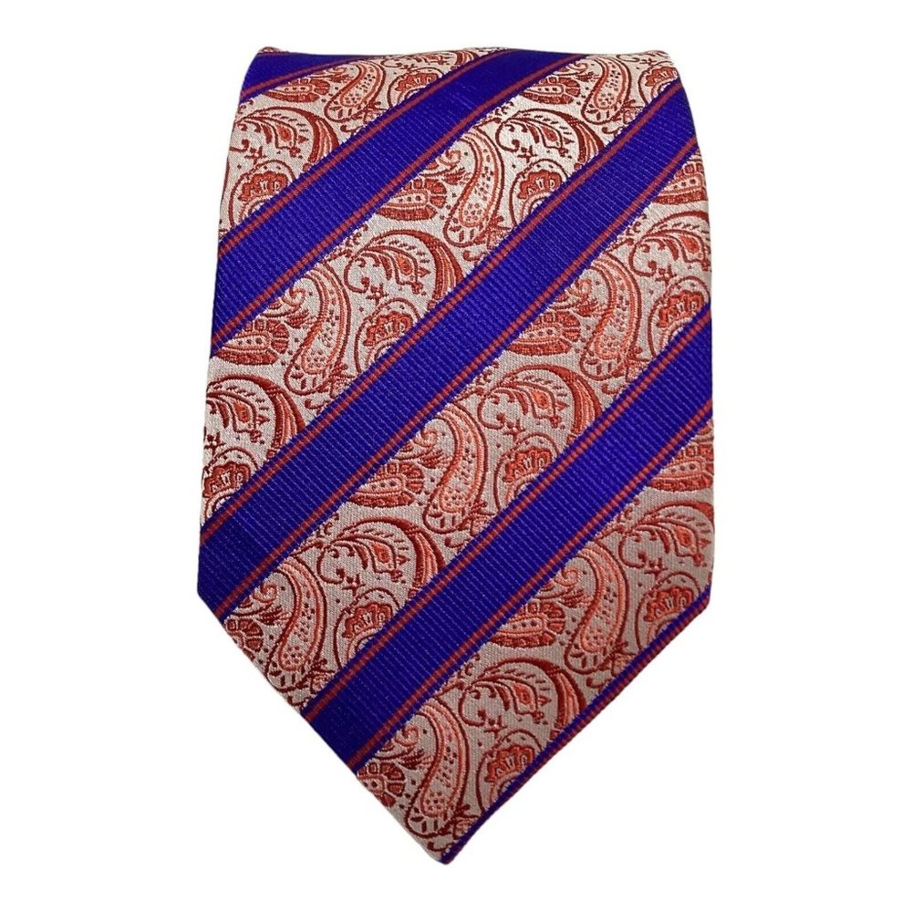 PAUL MALONE RED LINE Red Blue Striped Paisley Silk Tie Hand Made 59"/3"EX COND